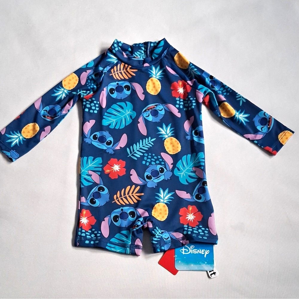 Disney Stitch Long Sleeve Zip Rash Guard One Piece Swimsuit Tropical 3-6M